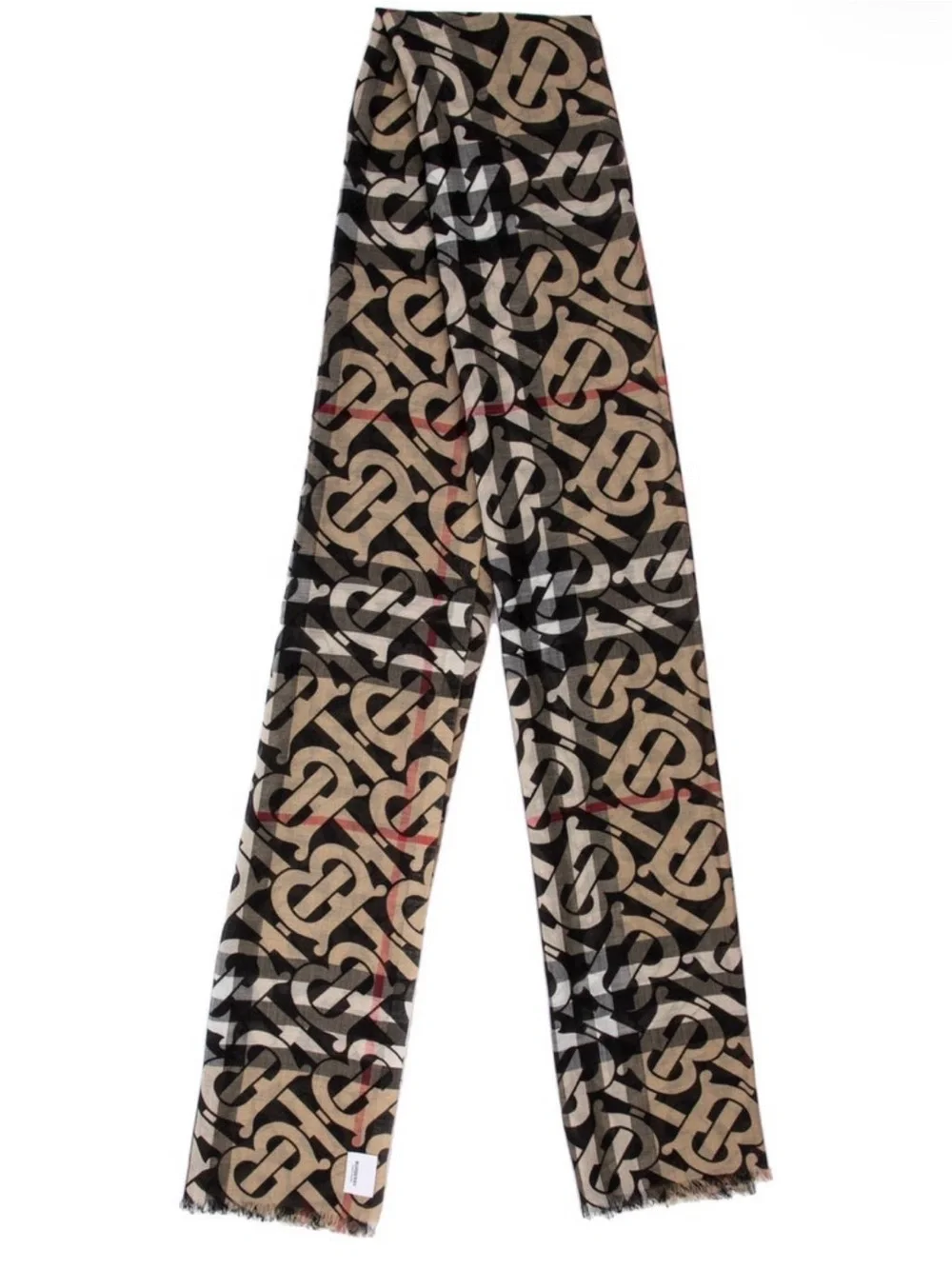 Burberry Black and Tan Monogram Silk-Blend Scarf with Subtle Red Accent